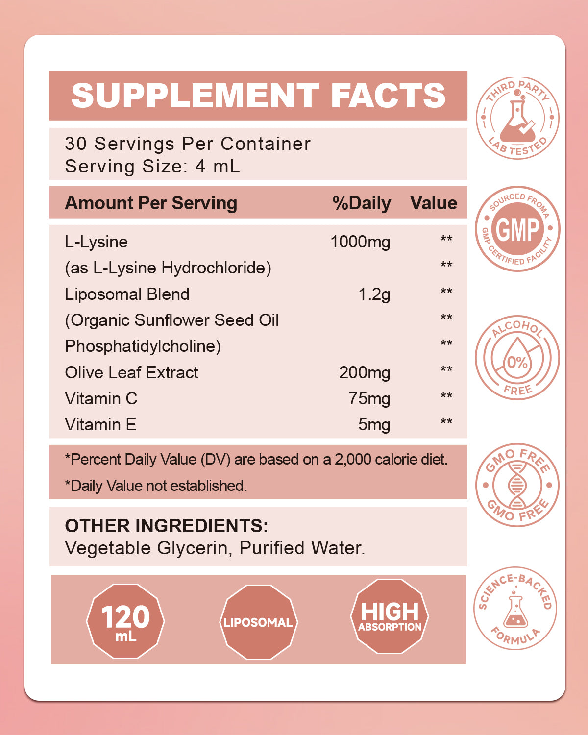 Liposomal L-Lysine 1000mg Liquid Drops-4 fl oz