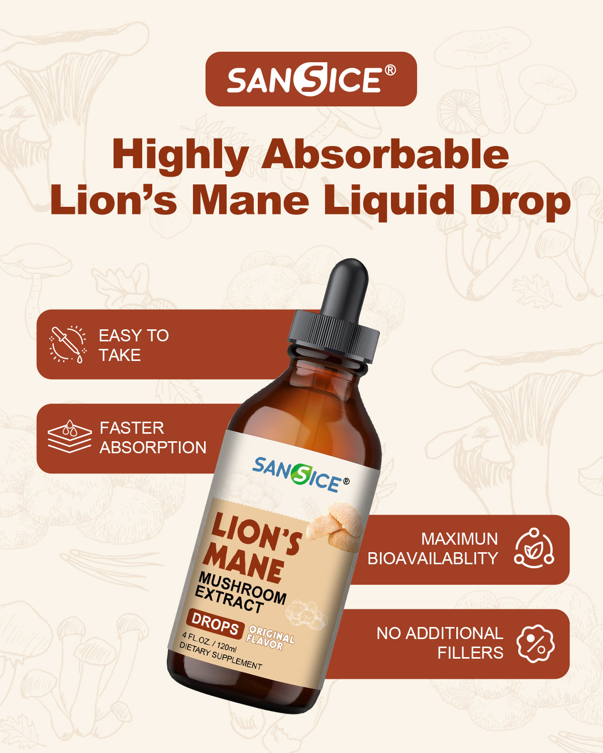 Organic Lion's Mane Focus Liquid Drops - 4 Fl oz